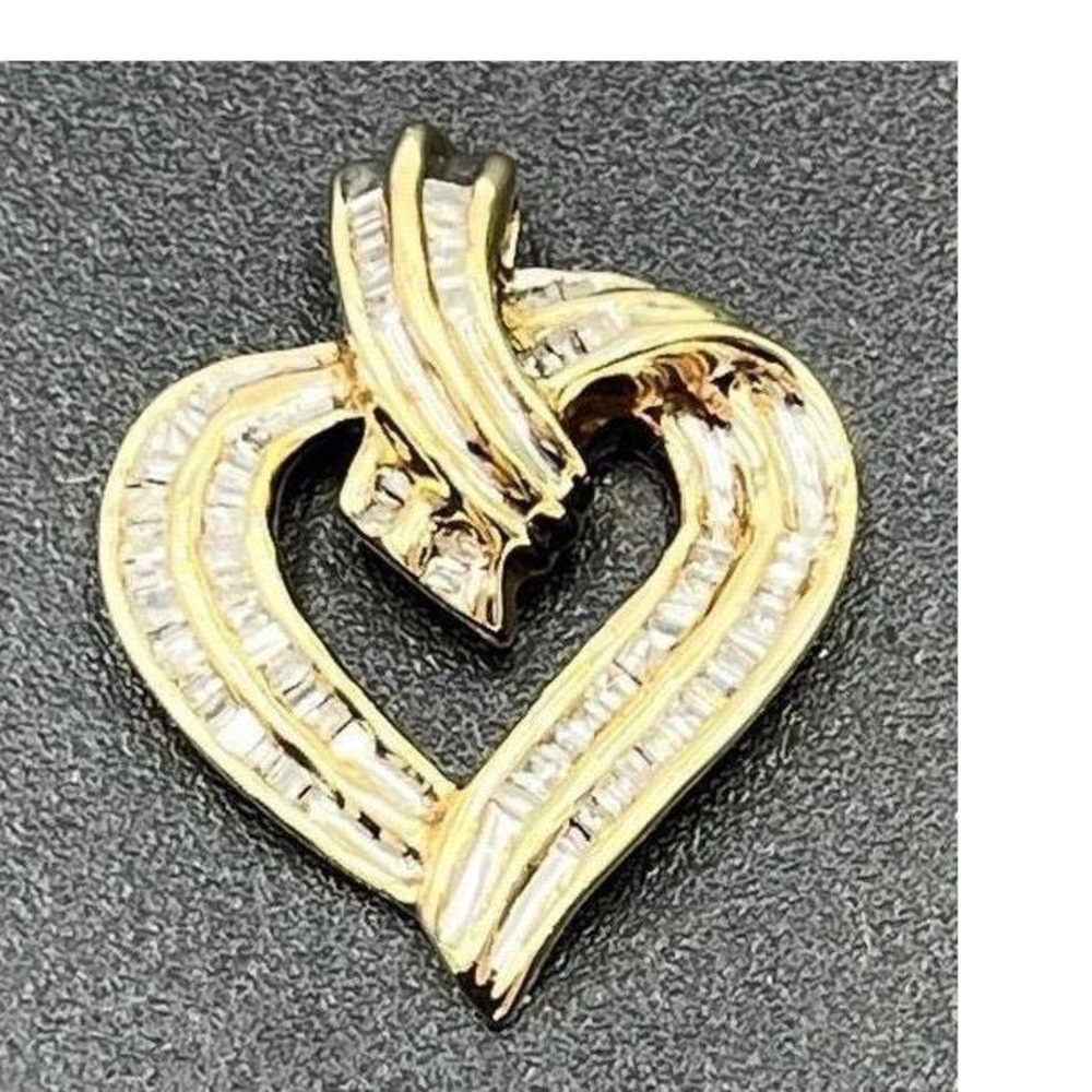 Designer Vintage 10k Yellow Gold Baguette Channel Diamond Heart Slide Pendant